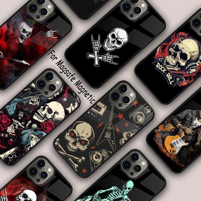 Rock Roll Skull Magnetic Phone Case For APPLE iPhone 16 14 13 12 11 Pro Max 15 Plus Wireless Charge With MagSafe Cover