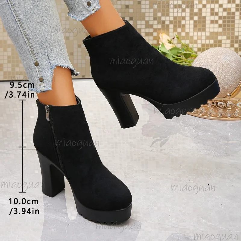 Side Zipper Suede Women's Short Boots Black Chunky High Heel Anti-slip Women Ankle Boots Autumn Botines Size 35-42 Botas Mujer
