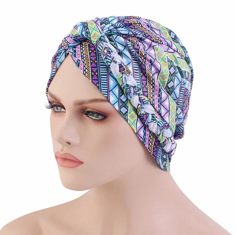 Gorro de quimio con estampado para mujer musulmana india, turbante trenzado, gorro Hijab, gorro para la pérdida de cabello, pañuelo étnico bohemio, cubierta envolvente