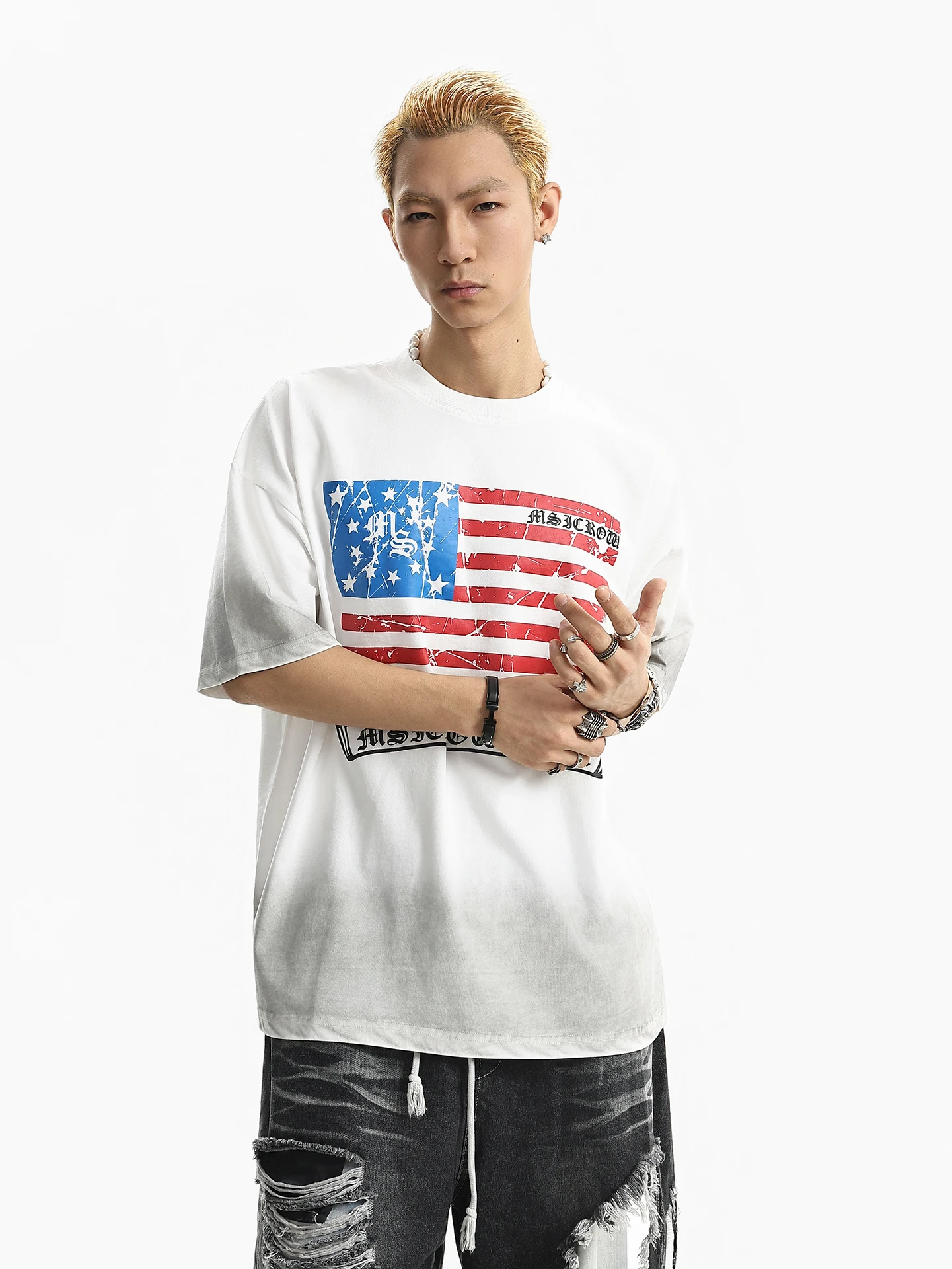 

Retro American High Street Printed Flag Vintage Short Sleeve T-Shirt Men Summer Loose round Neck Casual Comfortable Top
