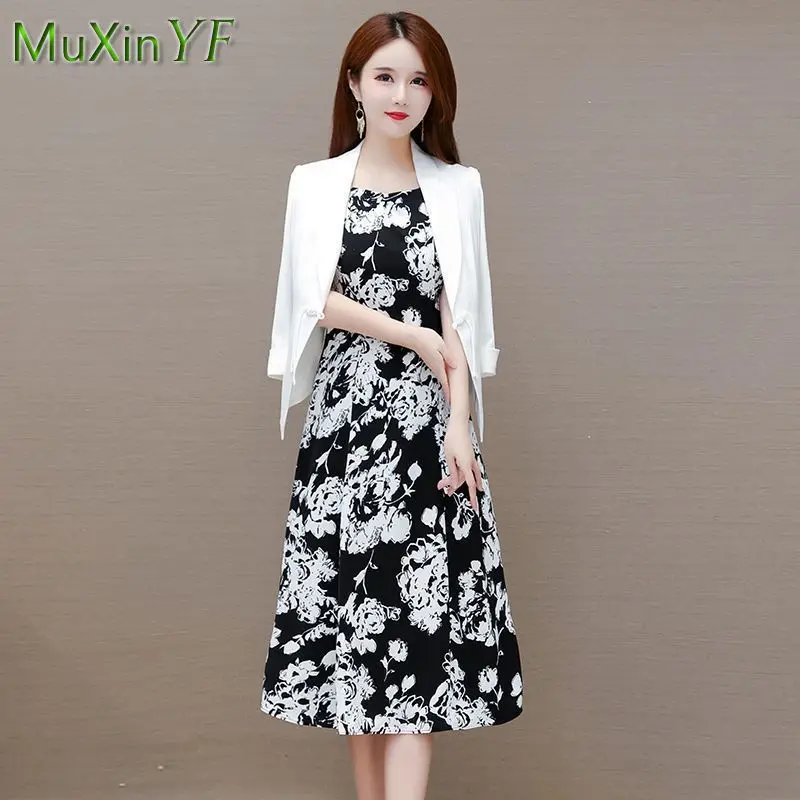 Women\'s Fashion Suit Coat + Chiffon Floral Dress Two Piece 2022 Fall New Korean Elegant Casual Professional Blazersa Skirt Set