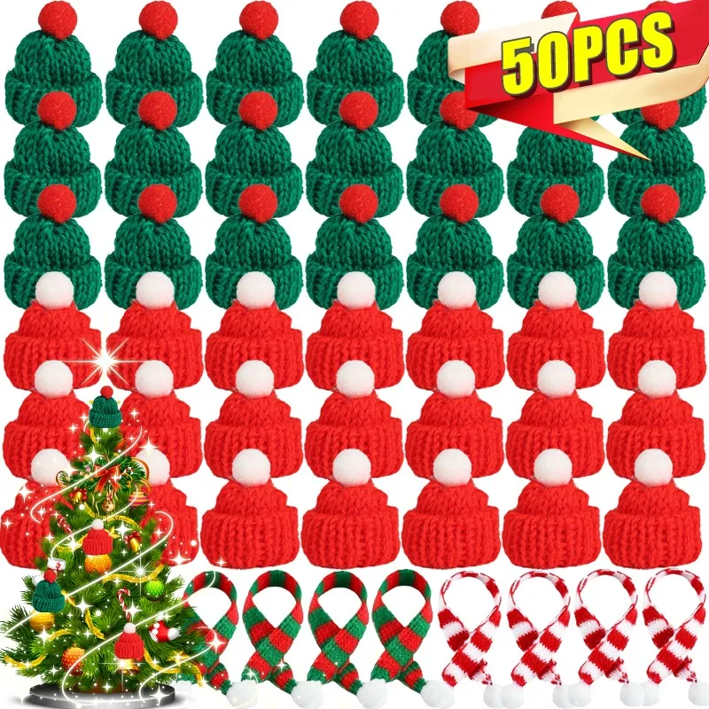 ミニサンタクリスマスワインボトルカバー、猫用赤いニットキャップウサギ、人形ロリポップ、クリスマスボトルホルダー、テーブルディナーデコレーション、10個、50個