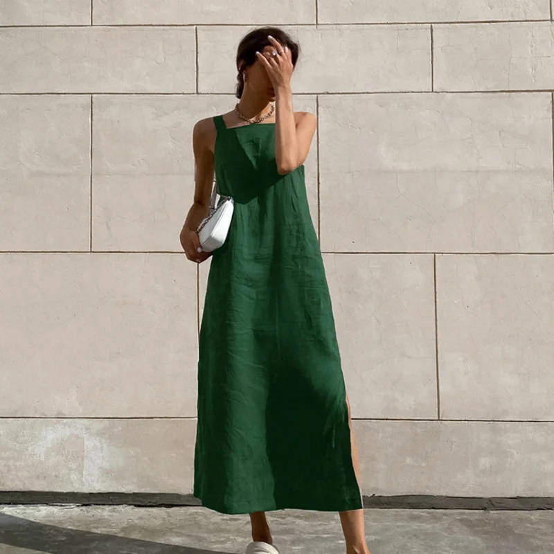 

New French Style Long Dress Cotton Linen Sleeveless Dress Women's Summer Sexy Green Slit Straight Strap Dress