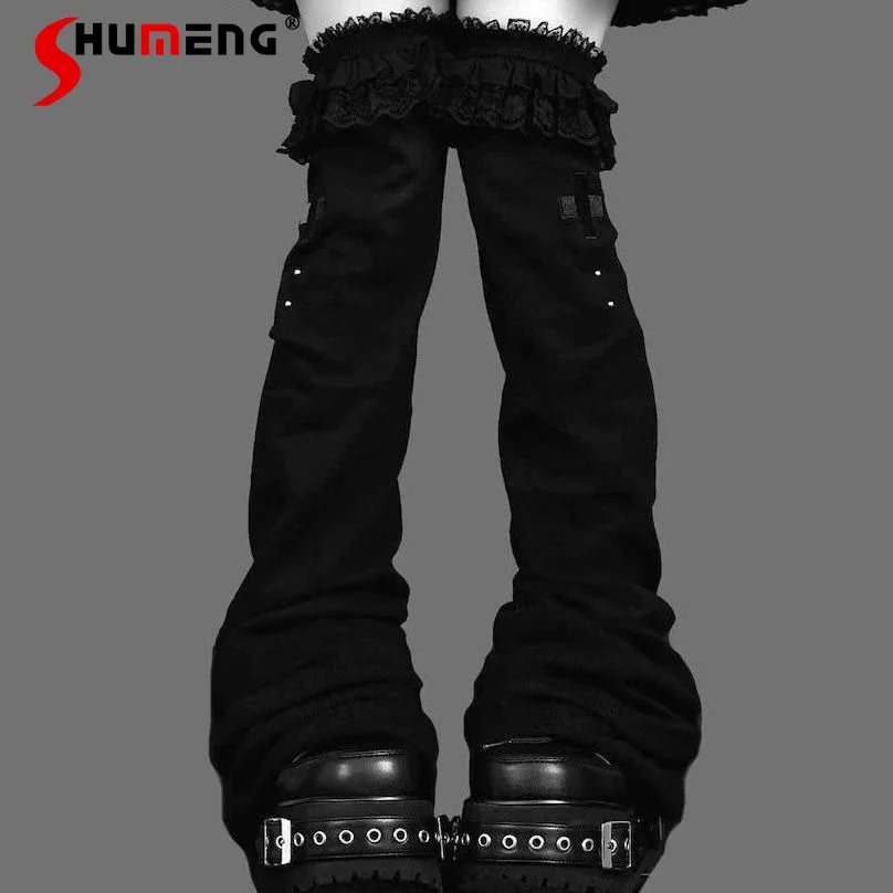 Japanese Dark Black Lace Lolita Wide Leg Socks Beautiful Legs Shaping Over-the-Knee Stacked Flared Slim High Tube Leg Warmers