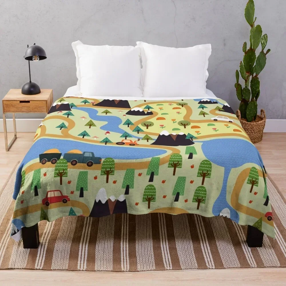 kids seamless, all over road print with cars, trees, trainsplaymat Throw Blanket Picnic Plush Summer Polar Blankets