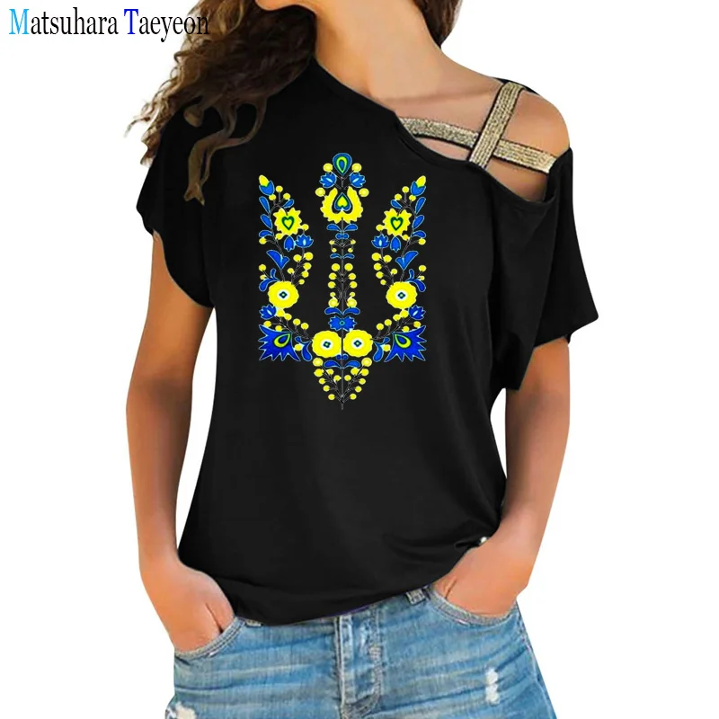 

Summer Women T Shirt Ukrainian Flag Print T-Shirt Harajuku Tshirt Irregular Skew Nails Cross Bandage Summer Casual Tops Tee