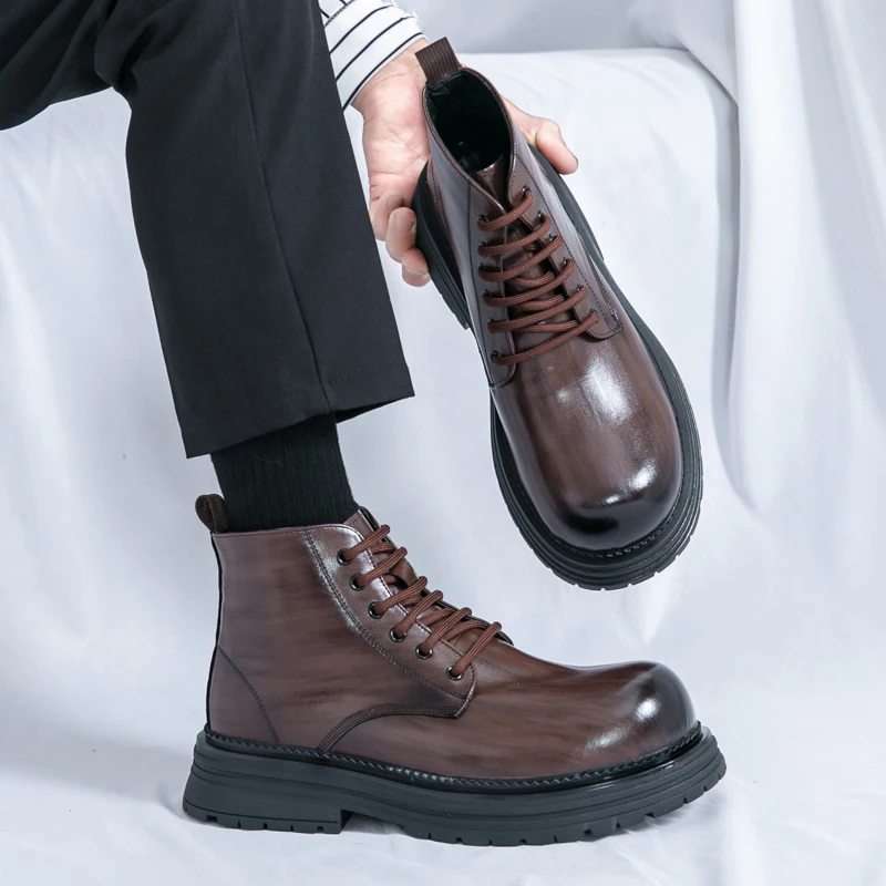 Men Boots Black Brown Thick Soled Durable Leather Shoes European Style Lace Up Business Retro Fashion Chelsea Boots Size 38-45