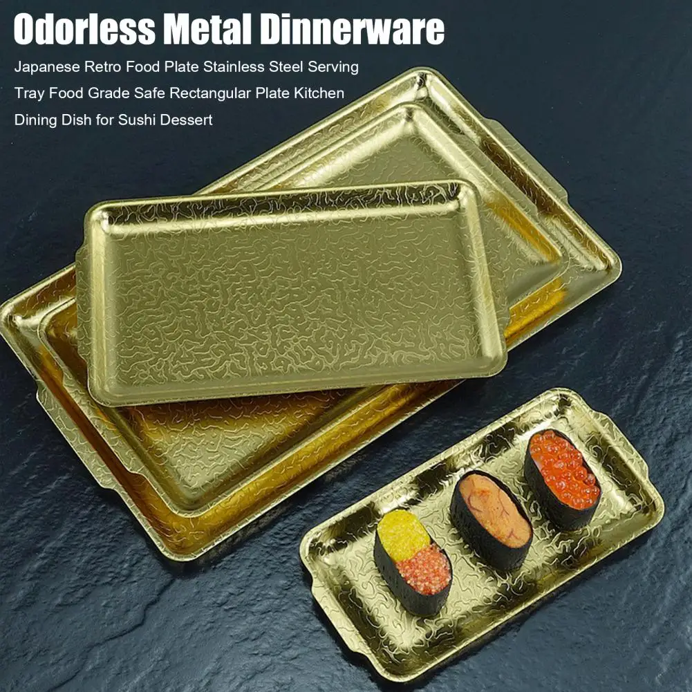 Western Style Dinner Plate Japanese Retro Stainless Steel Food Plate Rectangular Serving Tray for Sushi Dessert Aluminum Baking