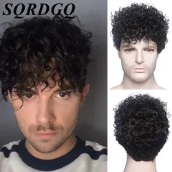 Synthetic Hair Short Kinky Curly Wigs for Men Ombre Black Wig Brown Cosplay Wig Synthetic Wig for Male Machine Made Natural Wigs