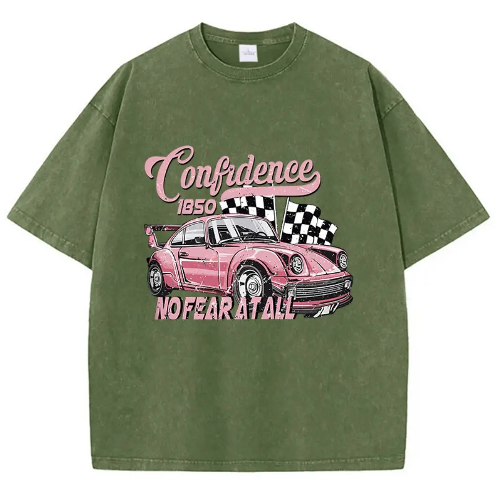 Street Woman Cotton Washed T-Shirts Cool Racing Cars No Fear At All Printing Tee Shirts O-Neck Loose Distressed Female Clothes