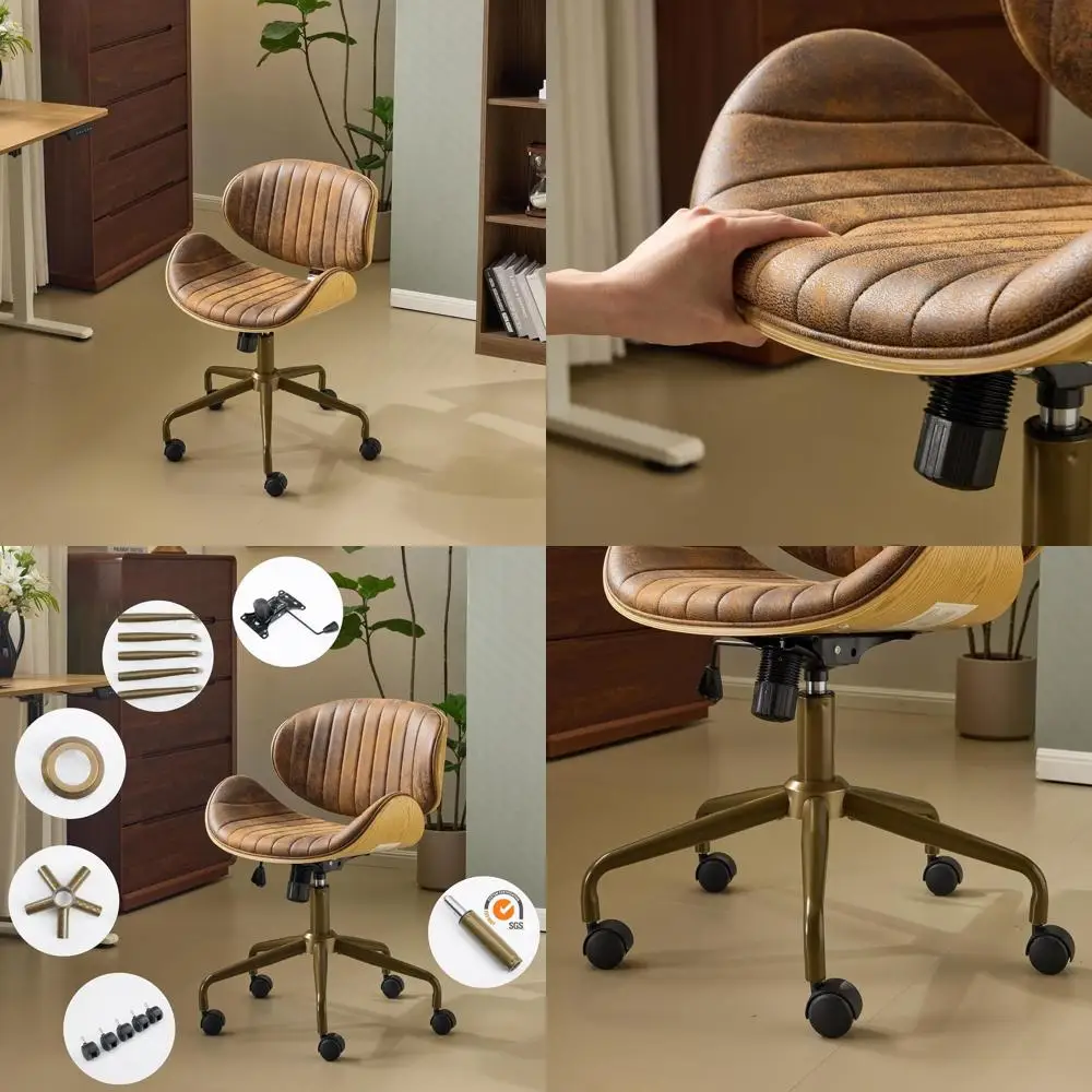 

Ergonomic Swivel Desk Chair with Wood-Textured Curved Back, Padded Armless Office Chair on Wheels, Adjustable Height for Comfort
