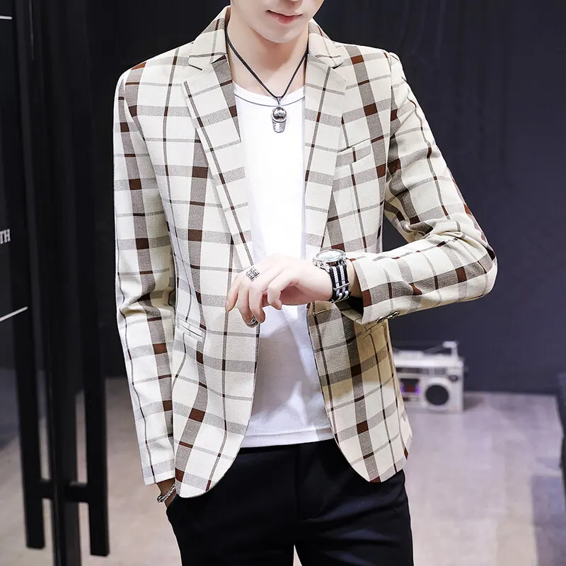 

Блейзер Летний мужской модный джентльменский деловой корейский вариант Модный клетчатый повседневный свадебный пиджак для ведущего банкета