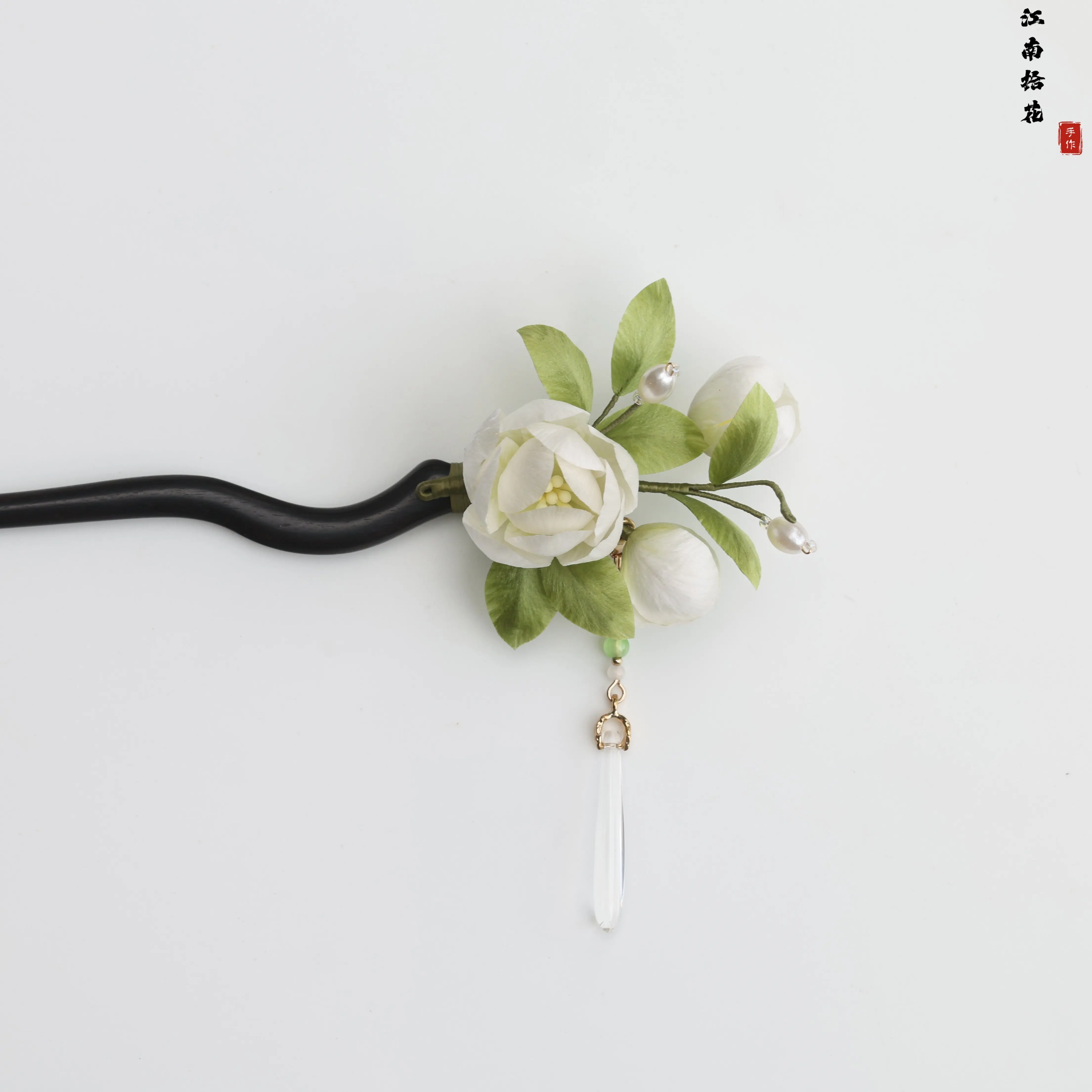 handmade-intangible-heritage-velvet-jasmine-hairpinblack-sandalwood-hair-stickelegant-hair-accessory-for-hanfu-qipao