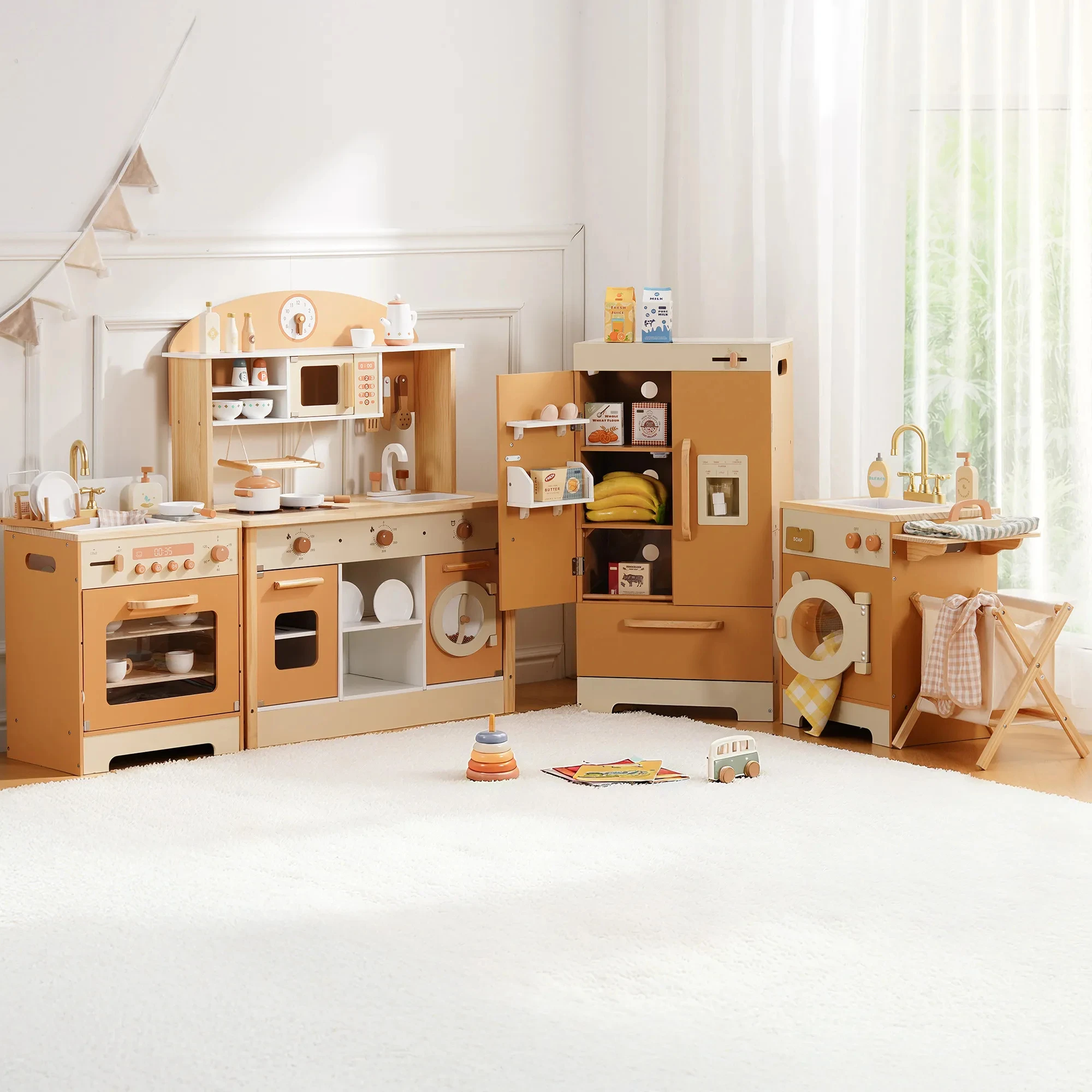 Robud Kids Wooden Play Kitchen All in One Corner Set Includes Oven Refrigerator Washer Perfect Birthday Gift for Little Chefs
