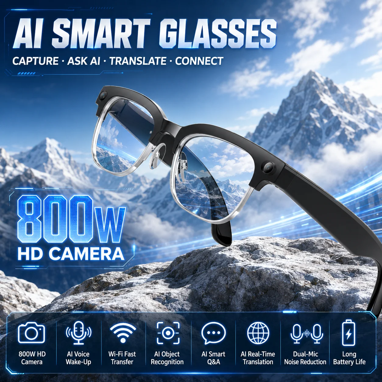 Smart Glasses AI 8 Million Pixels Recording Videos Photo Recognition Answer Translation 270mAh IP66 Waterproof Bluetooth Glass