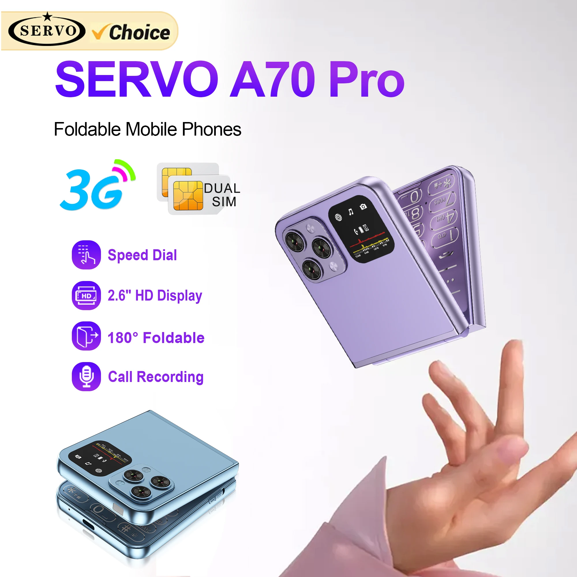 2025 NEW SERVO A70 PRO 3G WCDMA Flip Mobile Phone 2 SIM Cards Speed Dial MP3 Player FM Torch Blacklist Folding Cellphones Type-C