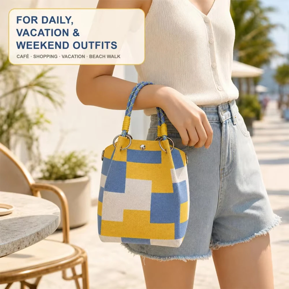 Mini-Strickhandtasche, gestreifte Häkel-Bucket-Bag, geometrische Colorblock-Handgelenktasche für Damen, leichte Sommer-Urlaubstasche – Detail 4