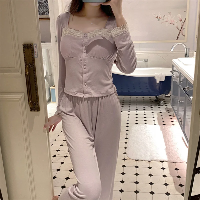 Korean Pijama Mujer New Square Collar Modal Sleepwear Women Autumn Winter Pajamas Set Home Wear Chest Pad Long Sleeve Pant Suit