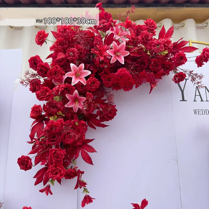 100 cm giglio rosso e bouquet di rose decorazione di nozze composizione di fiori artificiali decorazione di sfondo di nozze