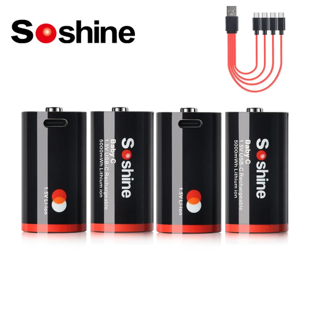 Soshine C Size 1.5V 5000mwh Battery 5000mwh Lithium USB Rechargeable Batteries for  Flashlight Gas Cooker Water Heater Radios