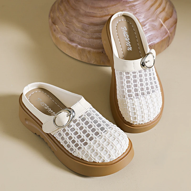 

Summer Fashion Women's Ladies Mesh Hollow Out Closed Toe Strap Buckle Platform Sandals Slides Slippers Mules Casual Shoes Woman