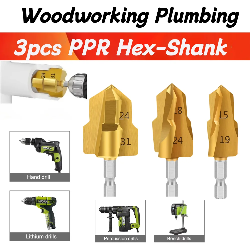 3pcs PPR Hex-Shank PPR Lifting Drill Bits Woodworking and Plumbing Step Drill Bits 31/24/19 mm Wear-Resistant and Effort-Saving
