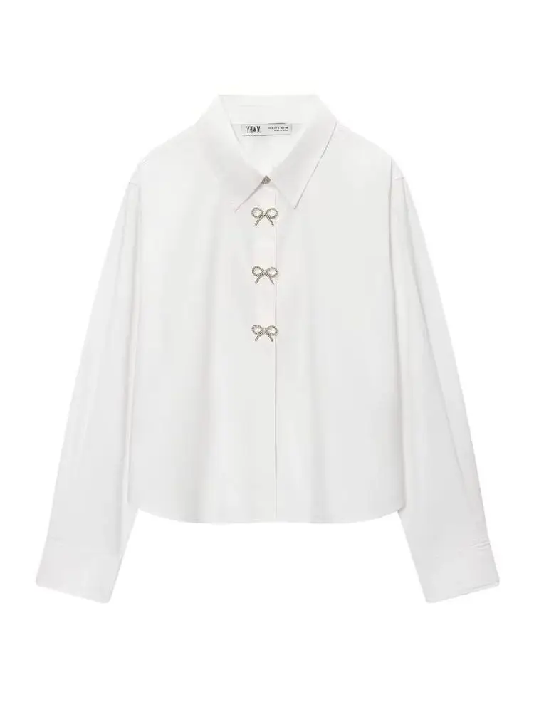 

HH женская мода универсальные ювелирные изделия пуговицы украшенные поплиновыми лацканами блузка топ женская простая уличная повседневная рубашка с длинным рукавом