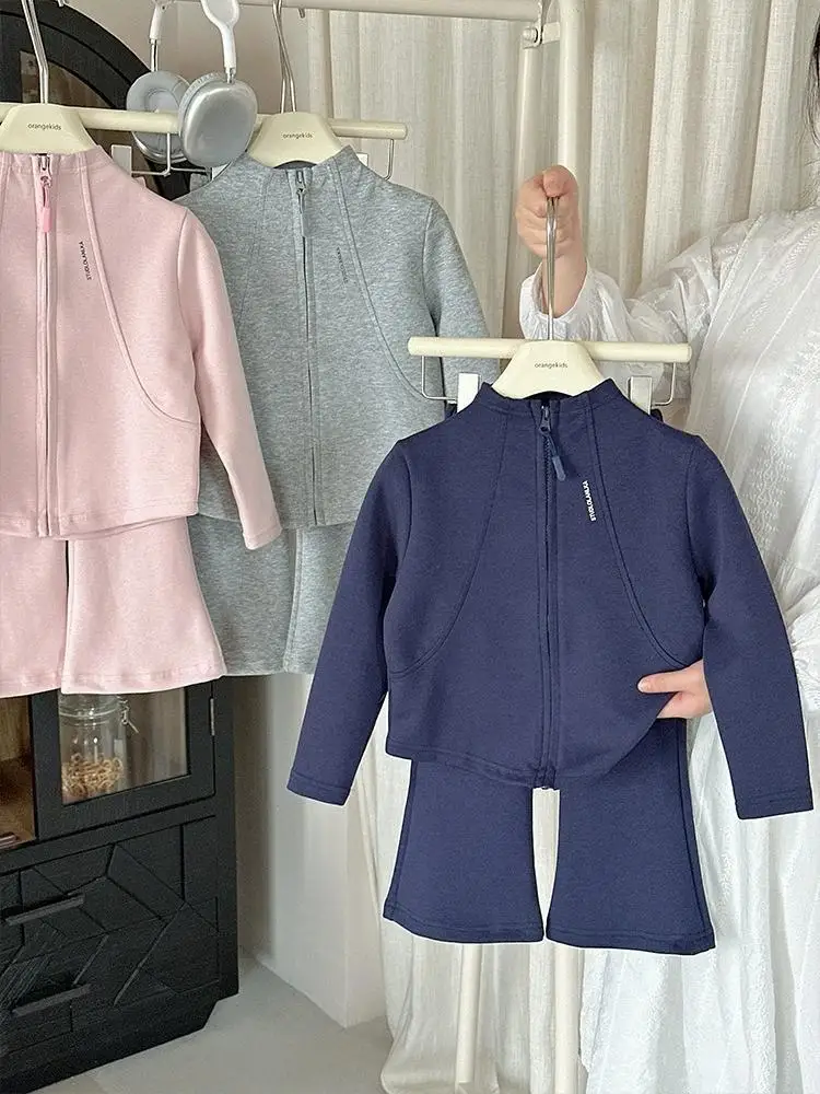 2026 Neue Mode Baby Mädchen 2-teiliges Sportoutfit Einfarbige Reißverschlussjacke Oberteil Schlaghose Anzug für Frühling Herbst Kinder – Detail 4