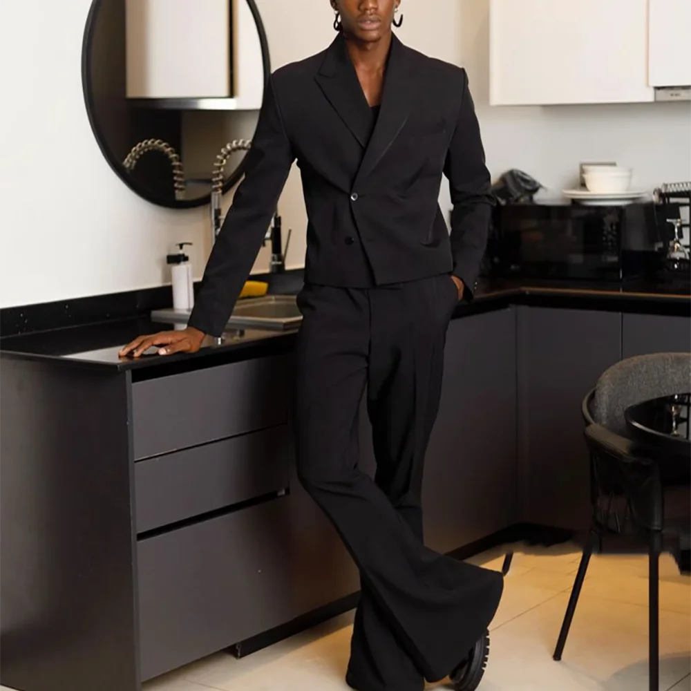 

Simple Style Black Men Suit Casual Outfit Two Piece Jacket Pants Peaked Lapel High Quality Daily Office Male Clothes Set