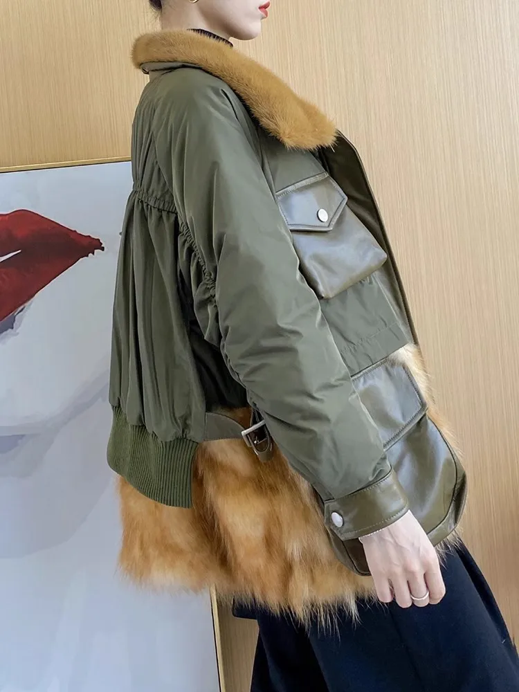 Winter New Fashion Women Down Coat Mink Hair Collar Fashion Spliced Sheepskin Fox Fur Casual Outerwear Zipper Warm Cargo Jacket