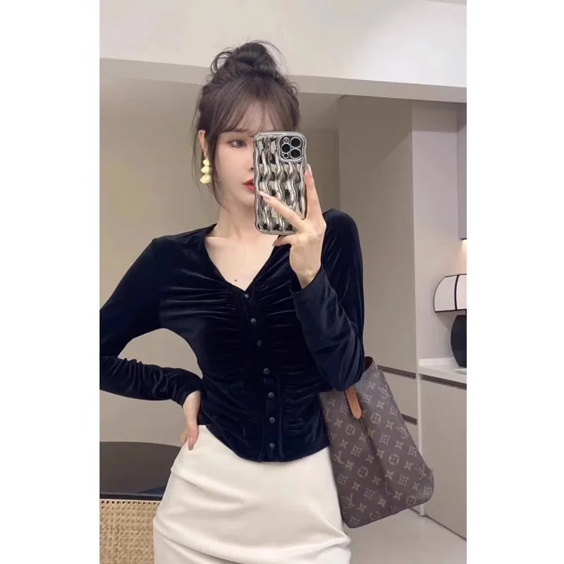 Damska bluzka z długim rękawem, aksamitna, dopasowana, z dekoltem w serek, modna, w stylu koreańskim, idealna do pracy, w jednolitym kolorze.