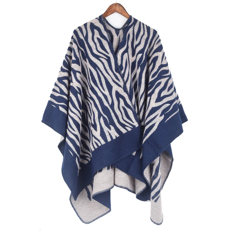 Women's Vintage Pattern Open Front Poncho Cape Winter Zebra Stripe Printed Blanket Shawl Wraps Cardigan Oversized Coat