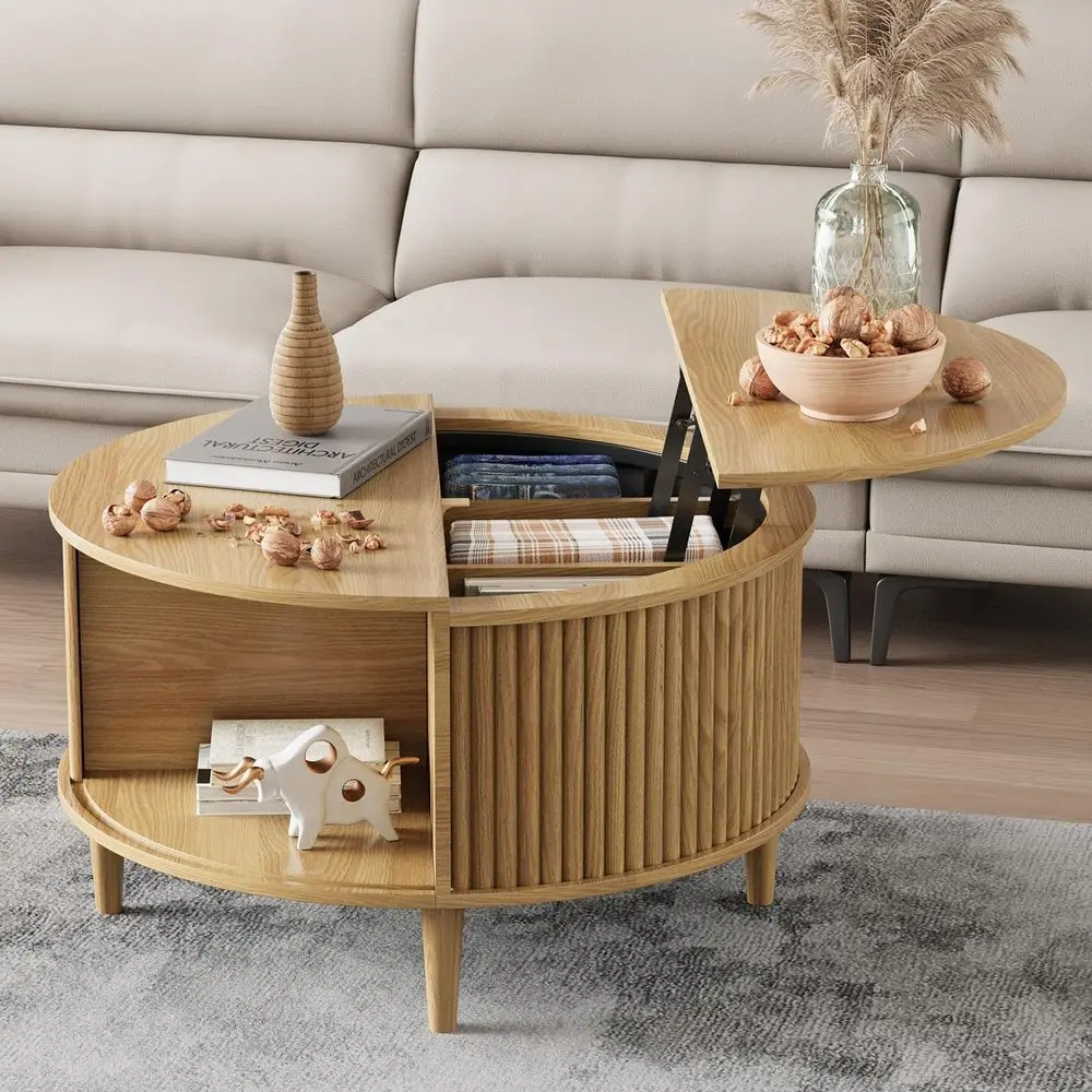 Round Coee Table with Storage, luted Lit Top Coee Table or Living Room, 31.5