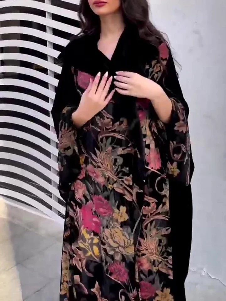 Vintage Floral Printed Velvet Cardigans Autumn Winter New Lapel Women's Commute Overcoat Temperament Long Sleeve Warm Outerwear