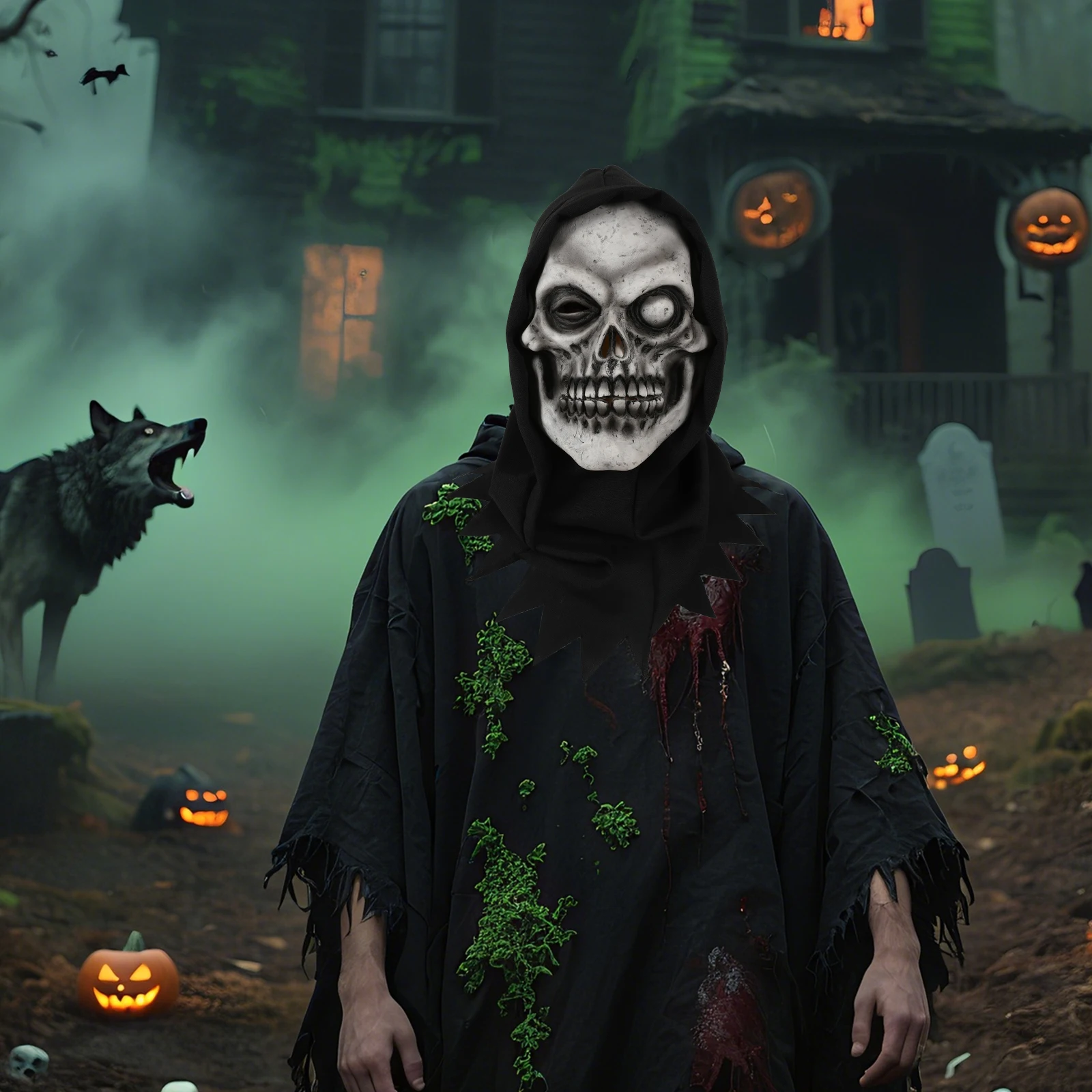 Maska czaszki dla dorosłych z kapturem, straszna, jednooka, szkielet, twarz ducha, lateksowa maska na całą twarz, kostium na Halloween, rekwizyt na imprezę cosplay