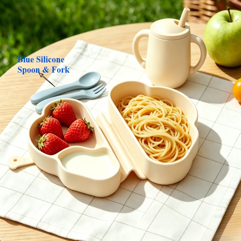 Cream Style Divided Silicone Baby Plate Set, Food Grade Tray w/ Double Handle water Cup & Silicone Spoon Fork