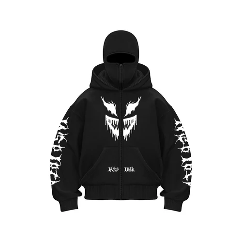 Chaqueta de hombre Otoño e Invierno diablo impreso doble cabeza cremallera con capucha polar versátil deportes Casual suéter con capucha suelta