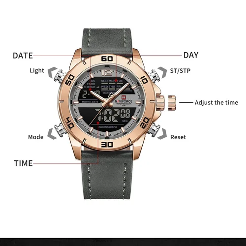 Imagen 2 del producto NAVIFORCE Reloj de moda para hombre con correa de cuero genuino Movimiento de cuarzo resistente al agua hasta 30 m Pantalla luminosa con día y fecha F