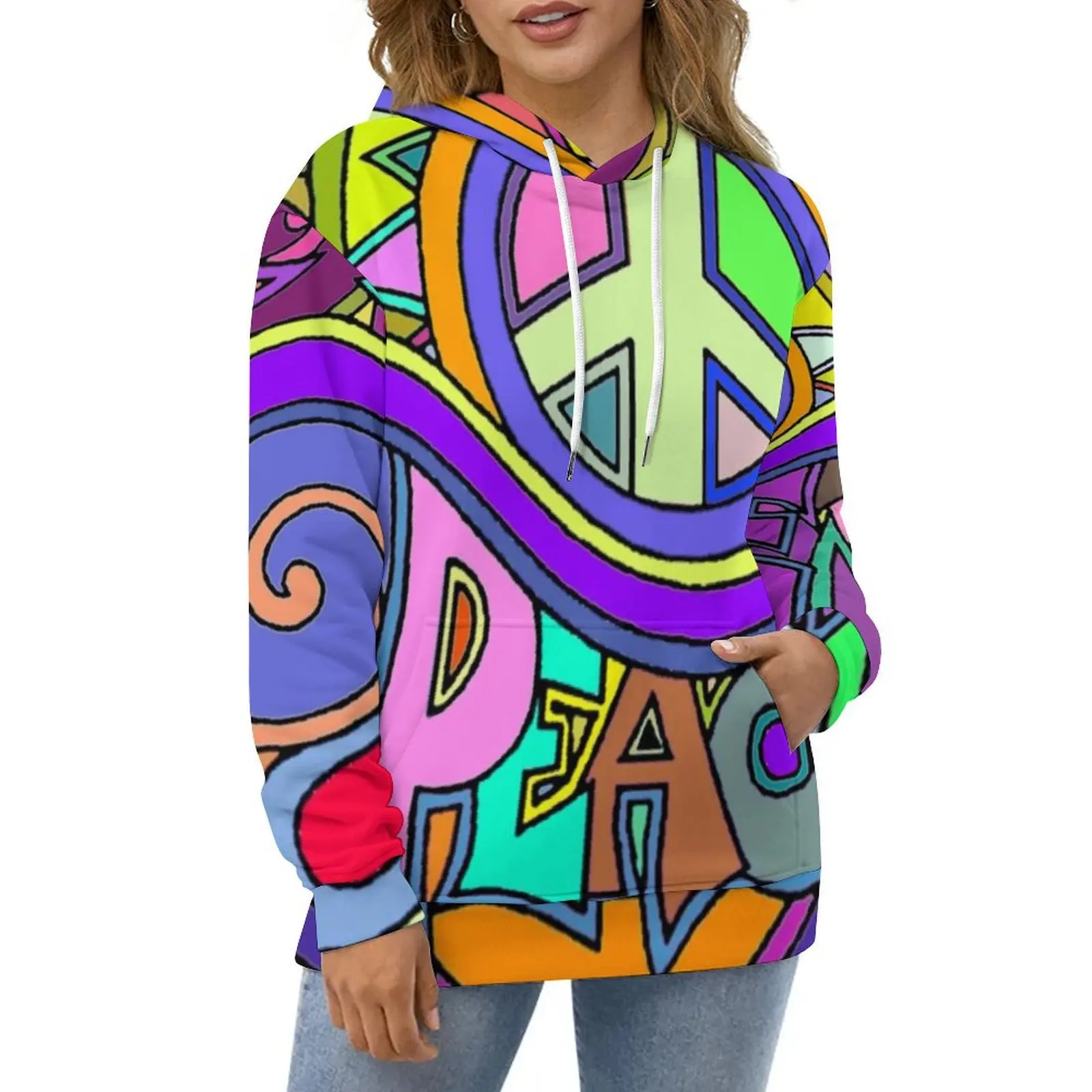 

Colorful Peace Hoodies Trippy Hippy Art Hip Hop Casual Hoodie Long Sleeve Y2k Graphic Sweatshirts Large Size