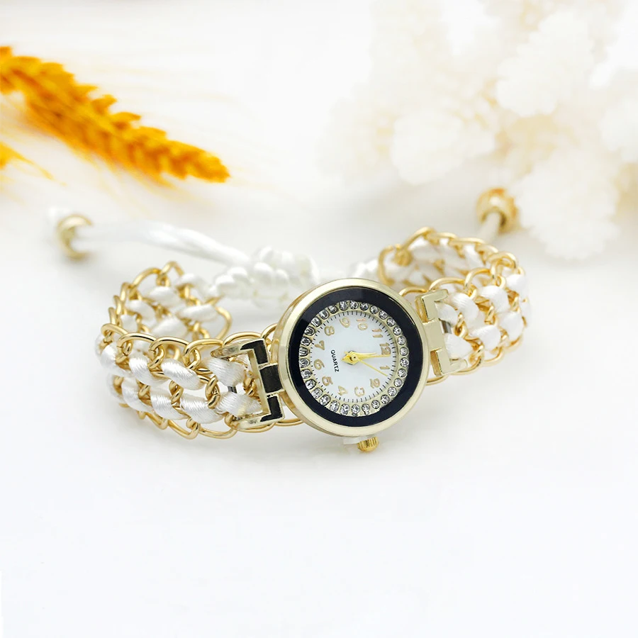 Reloj de vestir de oro para mujer, pulsera tejida a mano con flores, diamantes de imitación brillantes de Color, reloj de tela para niña dulce, nuevo