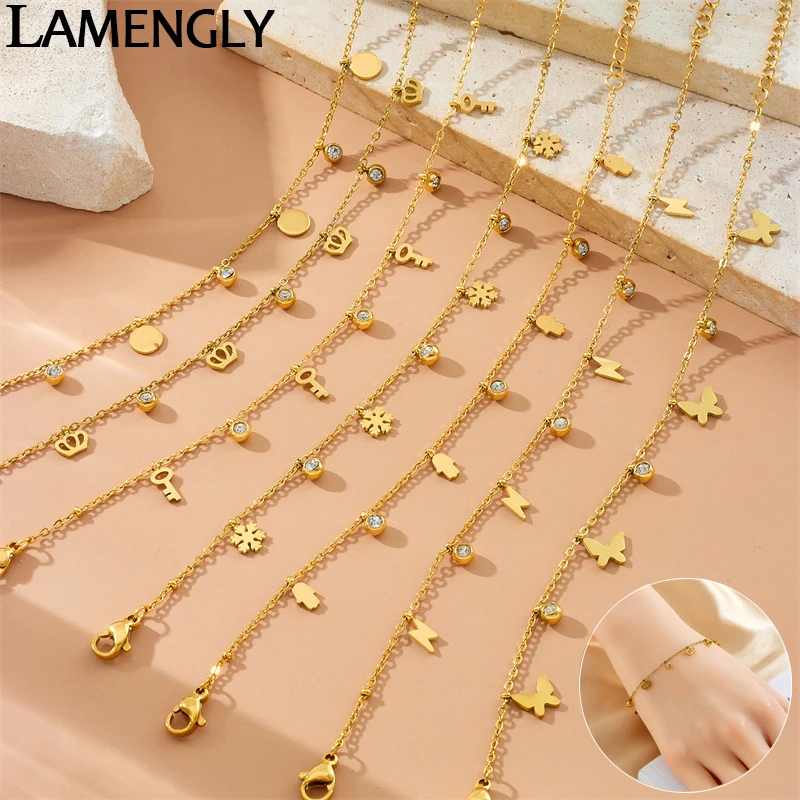

LAMENGLY 316L Stainless Steel Crown Key Snowflake Palm Small Charm Bracelet For Women Novel Chic Wrist Chain Party Jewelry Gifts