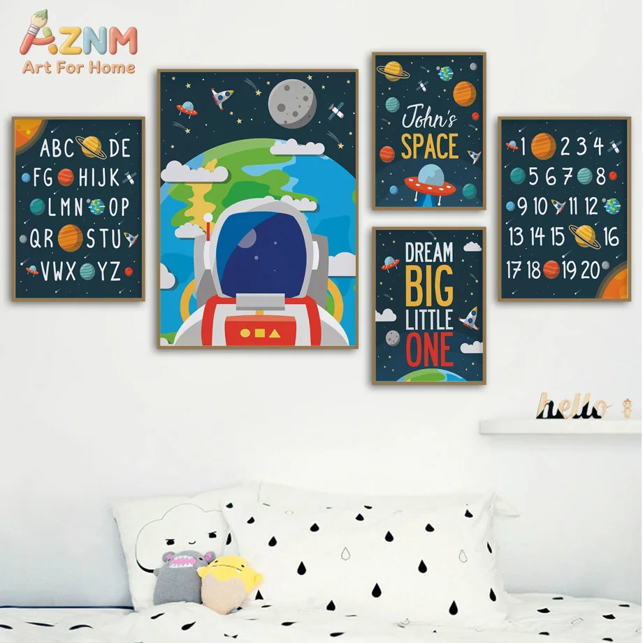 AZNM Space Themed Nursery Frameless Canvas Wall Art, ABC Alphabet Number Astronaut Prints, Kids Room Educational Decor, Unframed