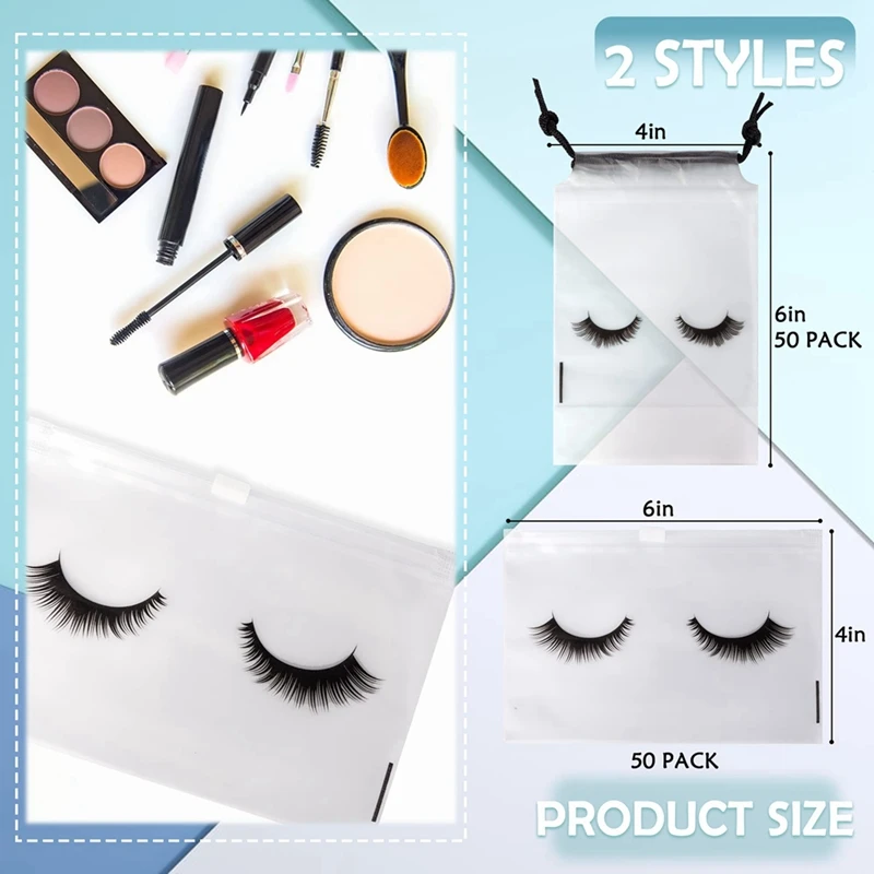 100Pcs Eyelash Aftercare Bags Lash Bags For Clients Cute Lash Packaging Bags 50 Drawstring And 50 Zipper Cosmetic Bags