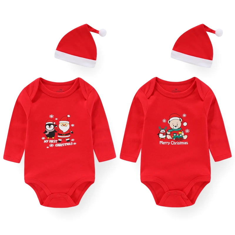 Newborn 2/3 Pieces Cotton Christmas Rompers+Hat/Bib Sets Baby Girl Boy Clothes 0-9M Print Baby Bodysuits Long Sleeve Bebes