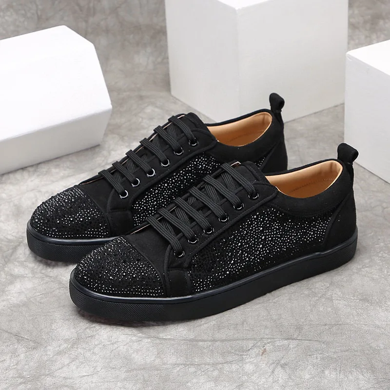 men luxury fashion stage nightclub dress rhinestone shoes lace-up genuine leather shoe flats platform sneakers trendy footwear