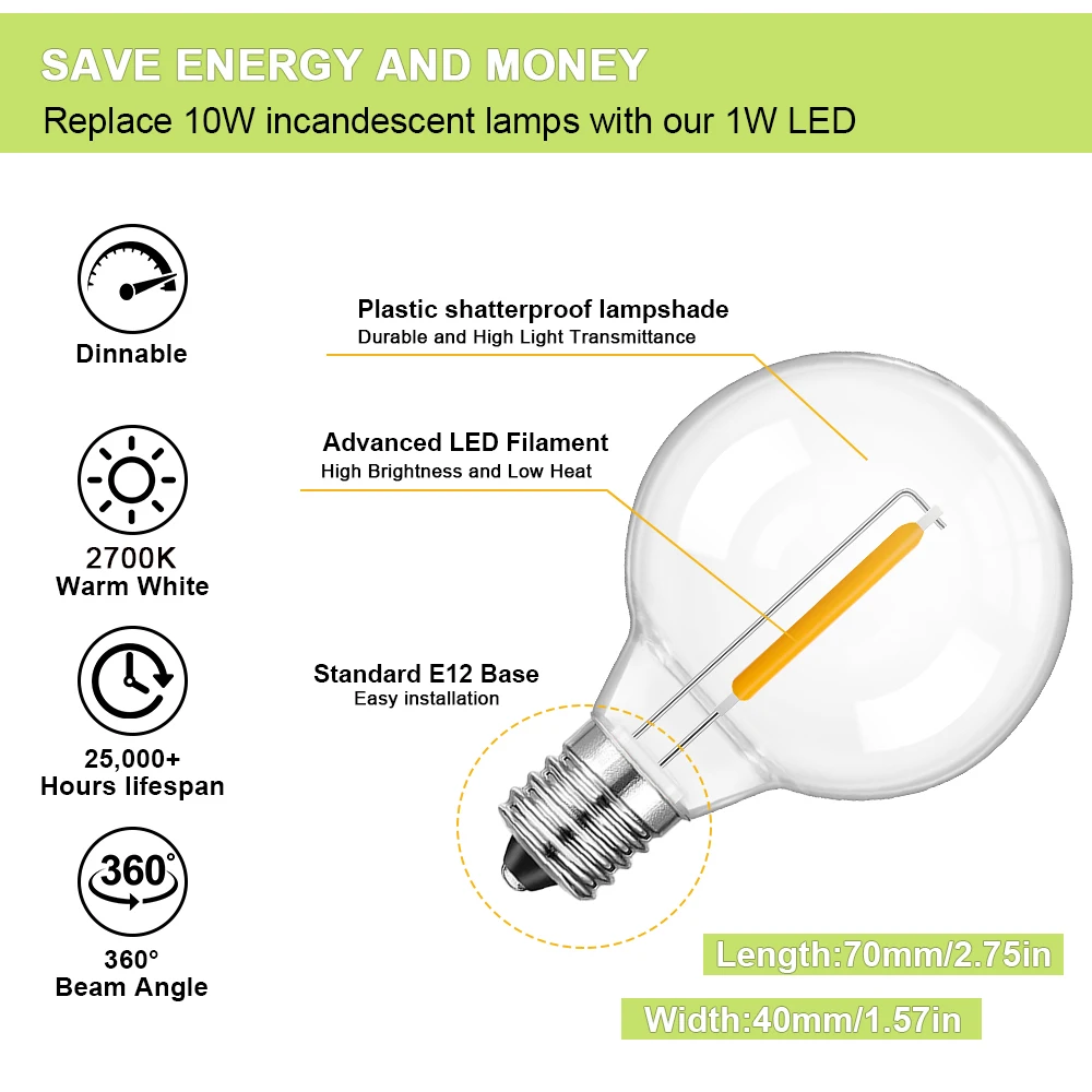 G40 LED استبدال لمبة البلاستيك E12 غلوب مصابيح كهربائية للخارجية سلسلة أضواء الشمسية ديكور تيار مستمر 3 فولت 12 فولت 24 فولت 2700 كيلو مصباح أبيض دافئ #4