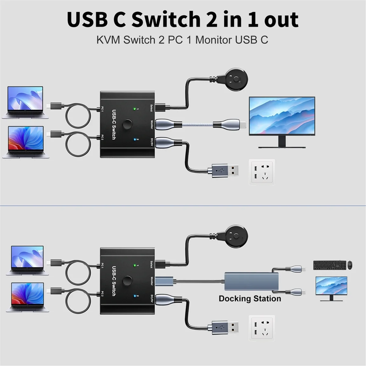 ABJZ جديد 8K USB C KVM التبديل USB3.1 Type-C الفاصل كابل للفيديو 8K @ 30 هرتز 4K @ 120 هرتز PD 100 واط 10Gbps نقل البيانات