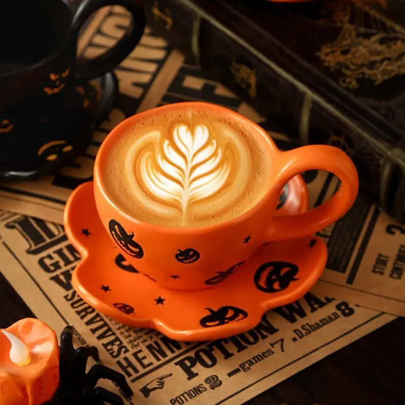 Hand Painted Halloween Coffee Mug with Saucer Set Funny High Value Ceramic Cup for Afternoon Tea Gift