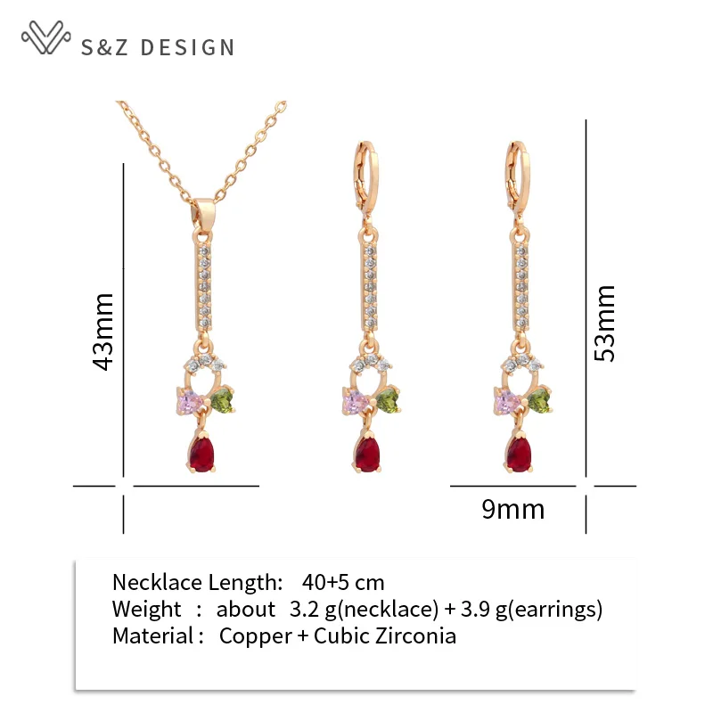 S&Z DESIGN New Fashion Long Colorful Heart Cubic Zirconia Bow Dangle Earrings Jewelry Sets For Women Gold Color Pendant Necklace