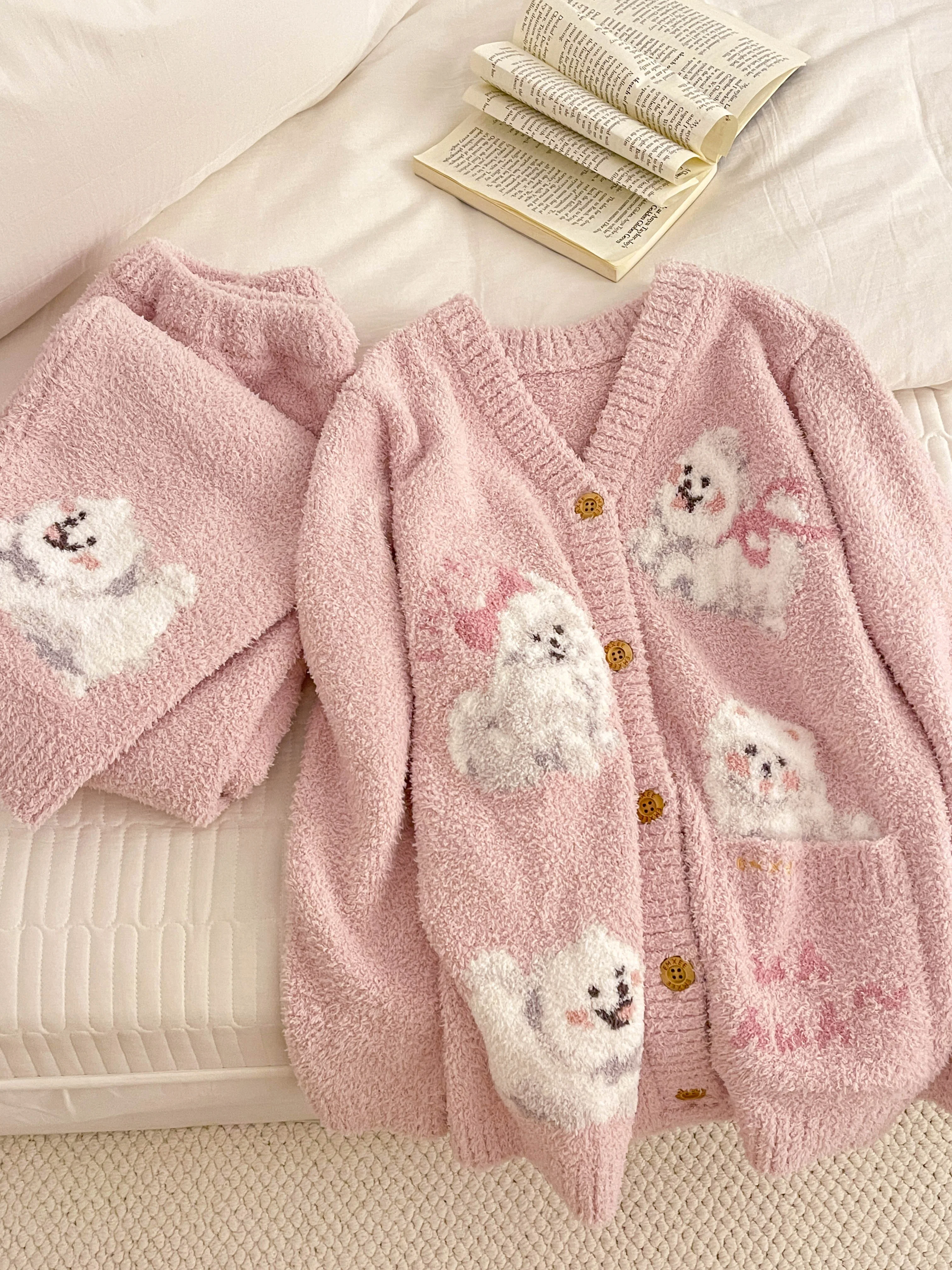 Cute Cartoon Dog Pajama Sets Women's Winter Large Size Thickened Loungewear V Neck Single-breasted Cardigan Pink Sleepwear